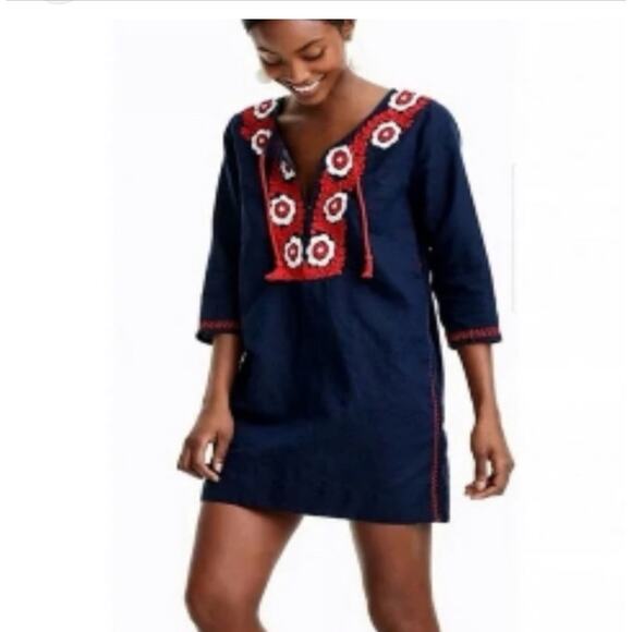 J. Crew Women's Red Embroidered Floral Beach Cover-Up Tunic Dress Blue Small - Picture 1 of 11